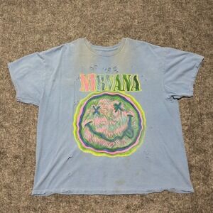 Nirvana Distressed Smiley Face Graphic Tee Blue Oversized Medium